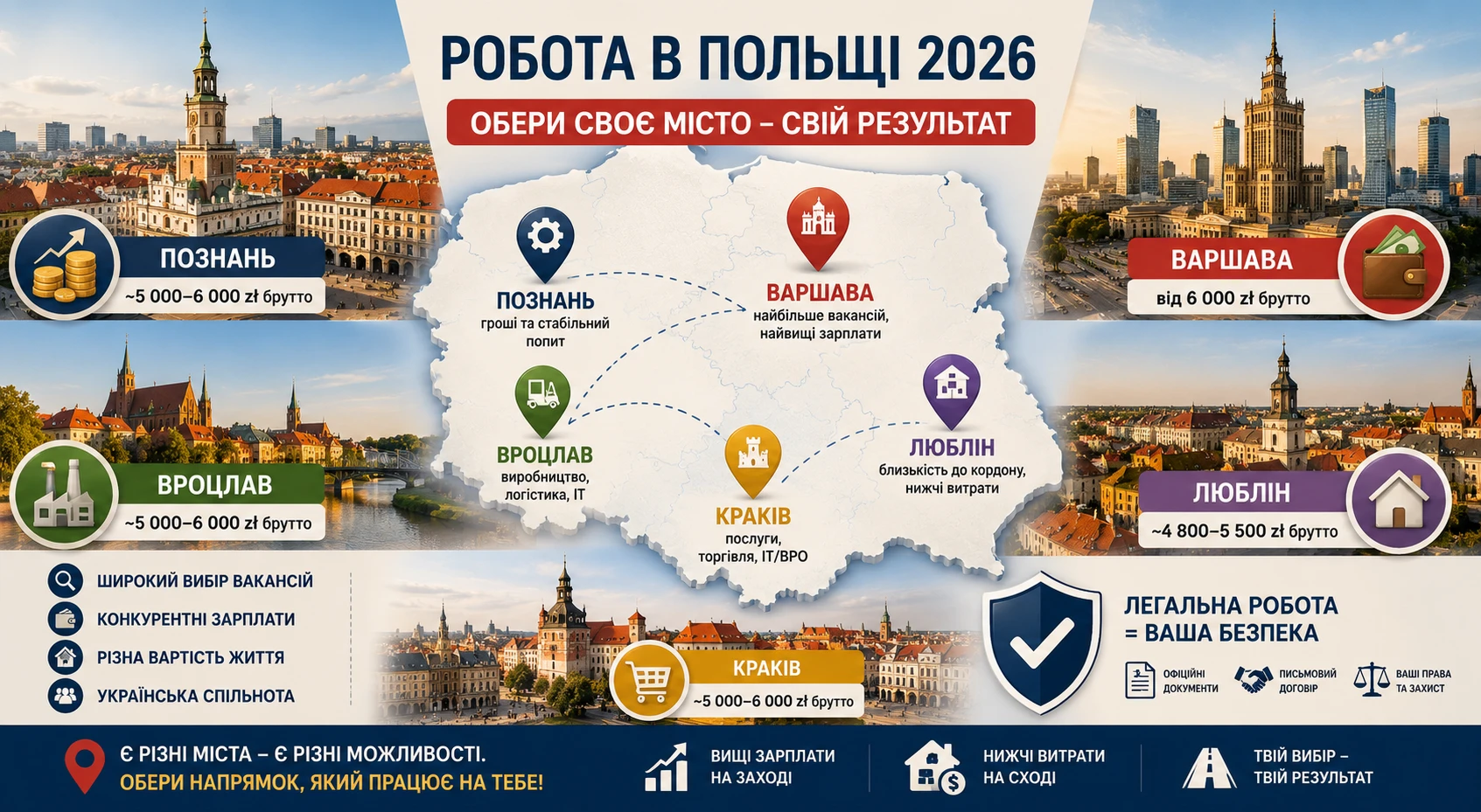 ТОП міст Польщі для роботи у 2026: де більше вакансій і вищі зарплати для українців