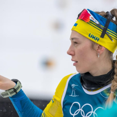 Hrystyna Dmytrenko at the finish line of the Olympics