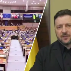 Zelenskiy speaks at the European Parliament with Russian flag in the background