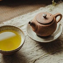 Tea cup with green leaves background