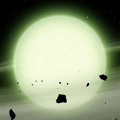 White dwarf shining in green and pink