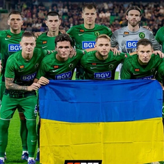 Логотип ФК Полісся і ФК Фіорентина на фоні футбольного поля