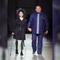 Veteran Christina Sanina and strongman Virastiuk at Ukrainian Fashion Week