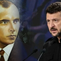 Портрет Бандери на фоні українського прапору