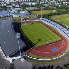 Футбольне поле з прапорами Ісландії та України