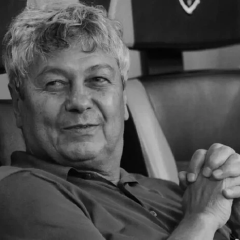 Portrait of Mircea Lucescu against the Ukrainian flag