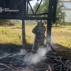 Женщина тушит горящее хозяйственное сооружение