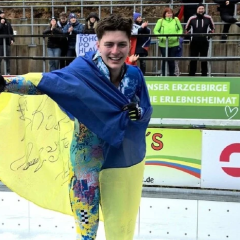 Ukrainian skeleton athlete Lavrenyuk on the podium