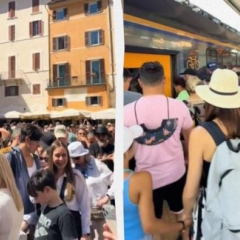 Tourists at the Trevi Fountain in Italy