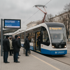 Трамвай на фоні міського пейзажу