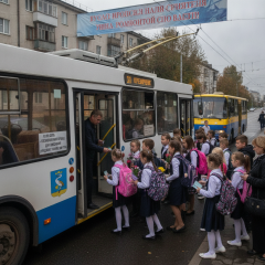 Школьники едут на общественном транспорте