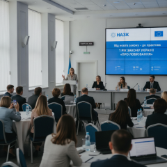 Ділові люди поруч з українськими прапорами