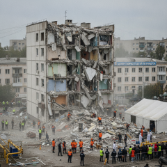 Зруйнована п'ятиповерхівка внаслідок ракетного удару