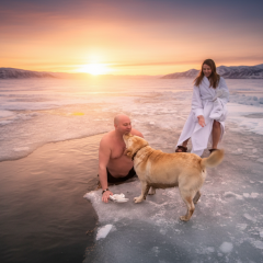 Yurii Tkach ice bathing, dog on the shore