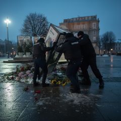 Пошкоджена інсталяція з портретами захисників