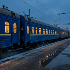 Локомотив на залізничній станції взимку