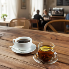 Cup of coffee and tea on the table