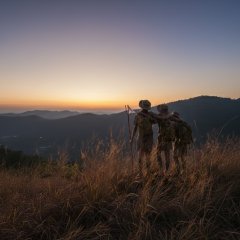 Teenagers in scout uniforms in the forest