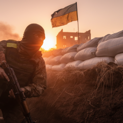 Volunteer in Ukrainian military uniform with tears in eyes