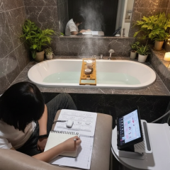 Girl studying remotely in bathroom