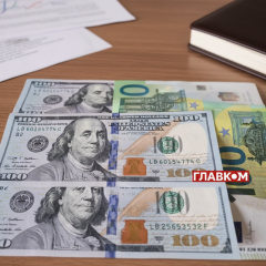 Українські гроші та євро на тлі флагів