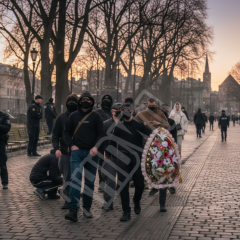 Men throwing funeral wreath at Women's March