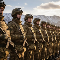 Flag of Ukraine and military soldiers