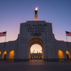 Olympics 2028 logo with background of US cities