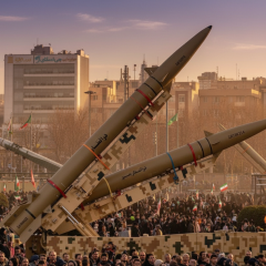 Iranian flag and gun on dark background