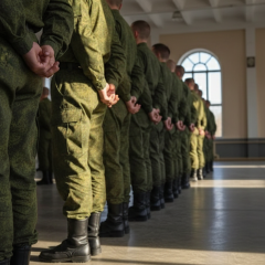 Russian soldiers with the logo of the Foreign Intelligence Service