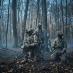 Military troops firing at enemy positions on the front line