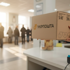 Ukrposhta logo on a postal package background