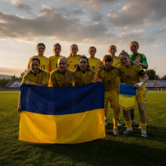 Дівчата-футболістки відзначають перемогу на тлі флагів