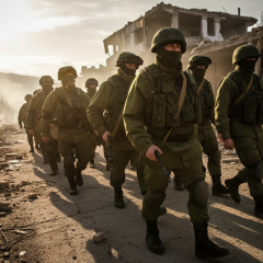 Soldiers in camouflage uniforms in the foreground