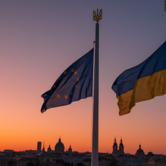 Самолет на фоне украинского и европейского флагов
