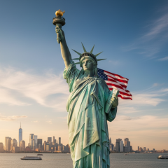 Американский флаг с логотипом 'Make America Great Again' на фоне глобуса