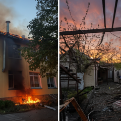 Damaged kindergarten and residential buildings