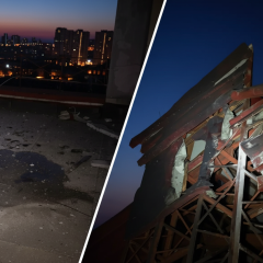 Drone debris on the roof of a 16-storey building in Kyiv
