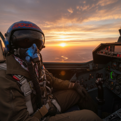 Combat pilot in embroidered shirt under the sky