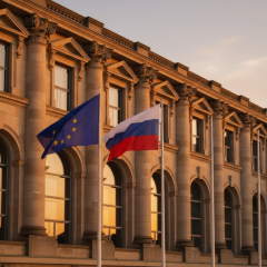 Flags of EU and Russia at meeting