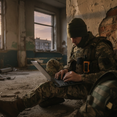 Група ветеранів на фоні університету