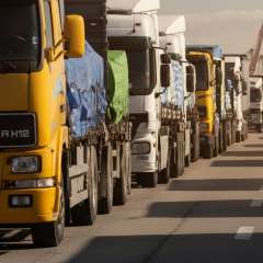 Many trucks on the road