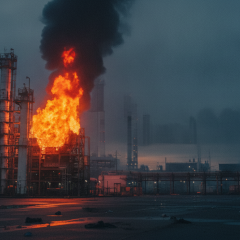 Пожар на нефтеперерабатывающем заводе после дроновой атаки