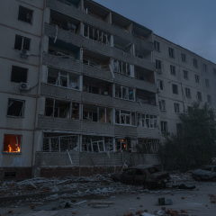 Damaged buildings after missile attacks