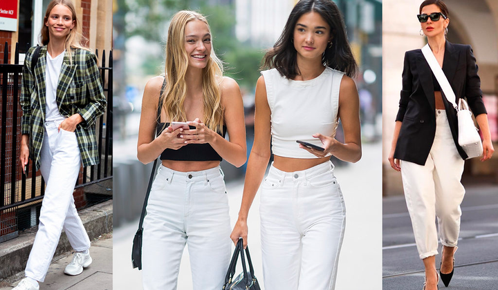 Белые женские джинсы с повреждениями и бантами