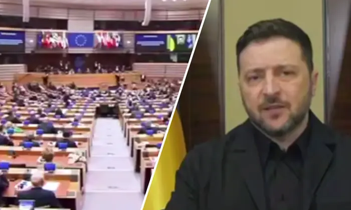 Зеленський виступає у Європарламенті на тлі флага Росії