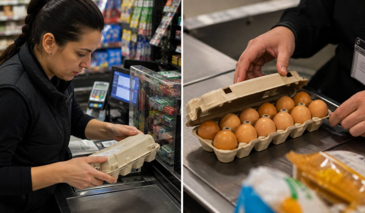 Cashier checking egg boxes