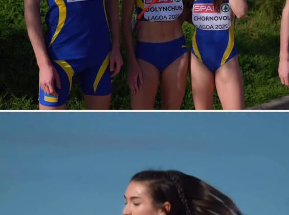 The Ukrainian relay team at the finish line