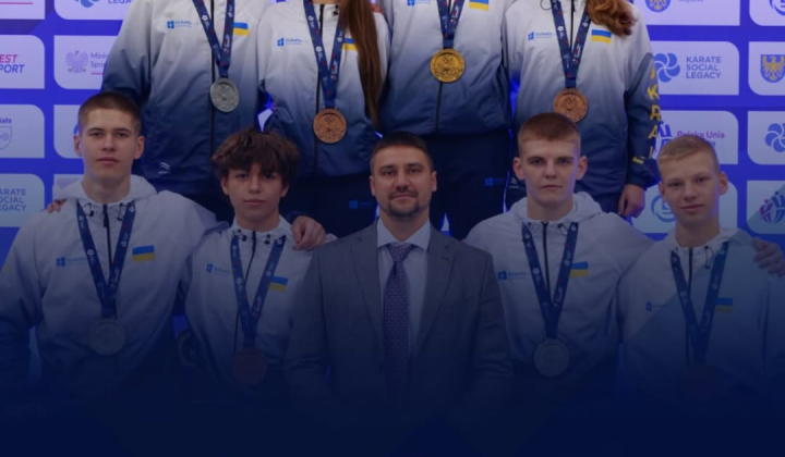Ukrainian national team member receiving medal at karate world championship