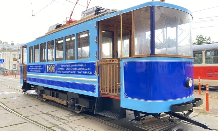 Retro tram on the streets of Podil